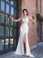 Beaded Sheer Scoop Neck 2 Pieces White Prom Gowns With High Slit Show Leg