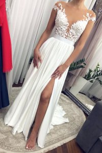 Sheer Nude Tulle Scoop Neck Cap Sleeves White Slit Skirt Prom Pageant Gowns