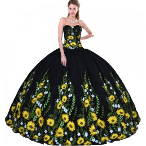 Embroidered Sunflowers Sweetheart Neck Floor Length Black Ball Gown For Quinceanera