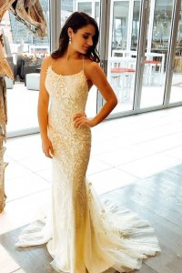 Spaghetti Straps Lace Decorated Designer Cream Beige Wedding Dress Trim and Petite