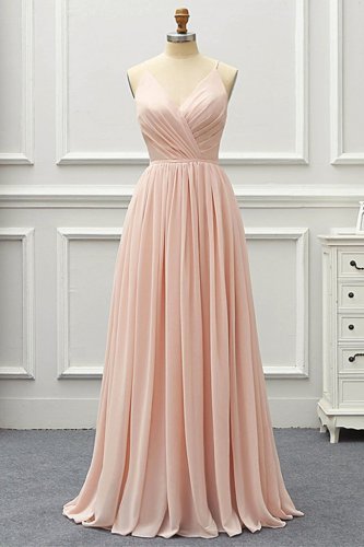 Two Straps Voluminous Pleats Chiffon Skirt Blush Pink Bridesmaid Dress For Wedding