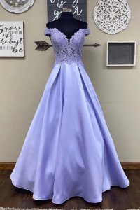 Spring Wear Applique Wives Lavender Satin Long Formal Prom Dress
