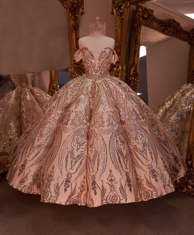 Off Shoulder Box Pleated Puffy Bobbin Champagne Sparkle Quinceanera Dress