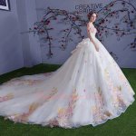 Off Shoulder Pink Flower and God Wheat Ear White Wedding Bridal Gowns Cathedral Train