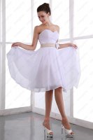 Crossed Pleating Knee Length Chiffon Skirt Bridesmaid Dress White With Champagne Belt