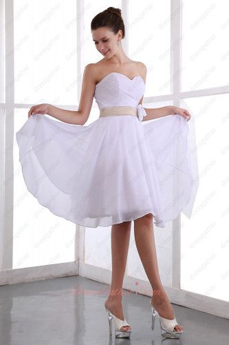 Crossed Pleating Knee Length Chiffon Skirt Bridesmaid Dress White With Champagne Belt