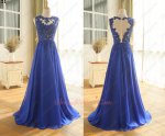 Nude Bodice Appliques Beads Floor Length A-line Flowing Chiffon Prom Evening Gowns