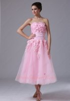 Sweet Pink Princess Gauze Serried Florets Bodice Tea Length Chorus Prom Dress