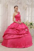 Hot Pink Taffeta Aulic Quinceanera Dress With One Shoulder Cake Ball Gown