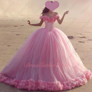 Handmade 3D Flowers Hemline Luxury Quinceanera Gift Gown Cute Pink Tulle