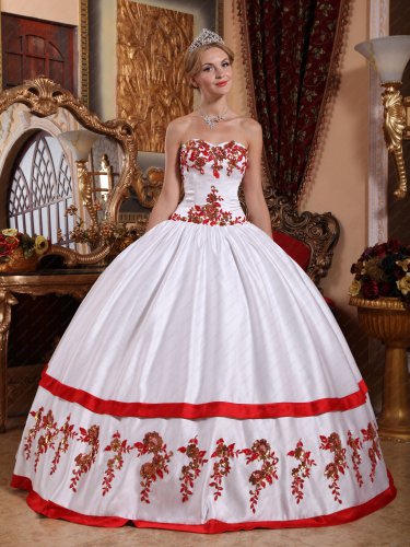 Natural Waist Full Polyester Boning White Court Ball Gown With Red Applique/Rolled Edge