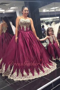 Graceful Darkest Wine Quinceanera Ball Gown Ananas Comosus Flower Pattern Appliques Hem