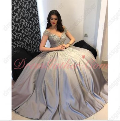 Off Shoulder Silver Thick Satin High Quality Ruched Puffy Prom Pageant Ball Gown