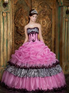 Nifty Pink Quinceanera Dress Organza Bubble Zebra Cake Skirt With Black Lacework