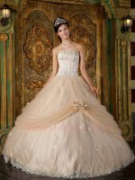 Strips Lines Natural Waist Basque Champagne Ball Gown Pick-up With Handmade Flower