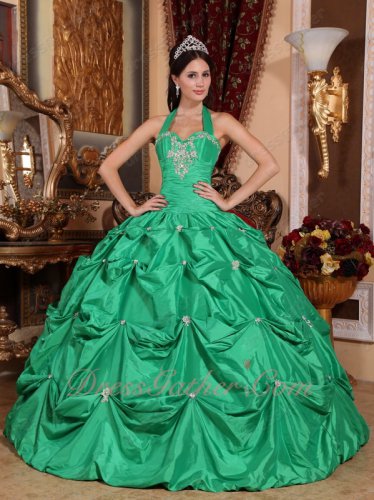 Halter Spring Green Taffeta Full Bubble/Pick Up Skirt Quince Court Dress Good Reviews