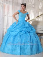 Off Shoulder Aqua Blue Organza Music Festival Quince Ball Gown Free Shipping