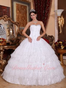 White Cascade Layers Sparkle Tulle Puffy Sweet 16 Ball Gown Stage Prop Dress