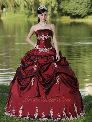 Western Style Burgundy Taffeta Silver Details Quinceanera Ball Gown Manuscript