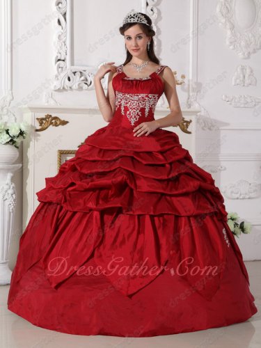 Straps Square Neck Wine Red Taffeta Sweet 16 Party Ball Gowns Embroidery