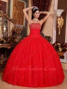 Sleeveless Beading 5 Layers Tulle/Mesh Fluffy Quince Ball Gown Floor Length Scarlet Red