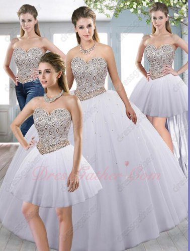 Silver and Gold Mixed Rhombus Beadwork Basque Detachable Four Pieces Quince Ball Gown