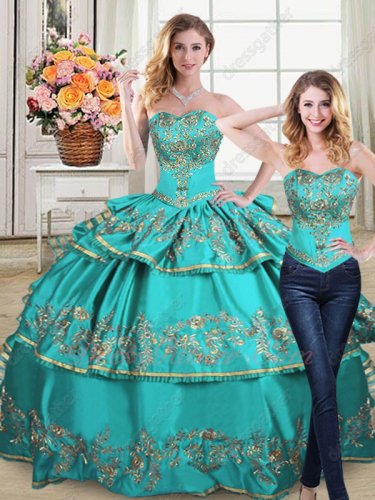 Detachable Blouse/Layers Skirt 2 Pieces Turquoise Quinceanera Gowns Gold Embroidery