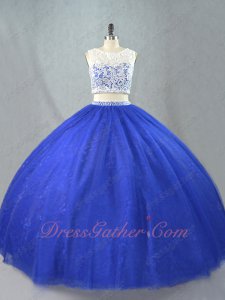 Two Piece Off White Cashew Lace Covered Bodice Royal Blue Tulle Ball Gown Lace Inside