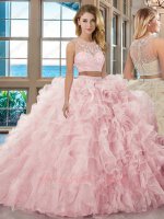 Separated Two Pieces Pink Organza and Sparkle Tulle Ruffles Quinceanera Ball Gown Cheap
