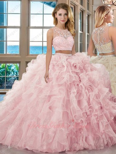 Separated Two Pieces Pink Organza and Sparkle Tulle Ruffles Quinceanera Ball Gown Cheap