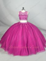 Two Pieces Beaded Bodice Magenta Tulle Fluffy 2022 Quinceanera Gowns Wholesale