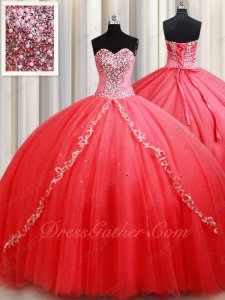 Gorgeous Watermelon Mesh Chapel Train Corset Back Quinceanera Gown Supplier Direct Sell