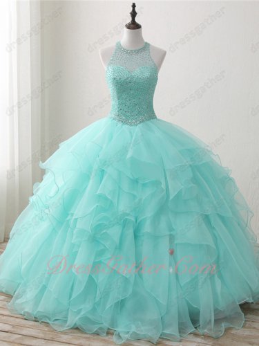 Designer Pearl and Crystals Sheer Scoop Blouse Ruffles Featured Quinceanera Dress Mint
