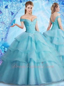 Off Shoulder Elastic Mesh Tape/Horsehair Layers Fluffy Ice Blue Quinceanera Ball Gown