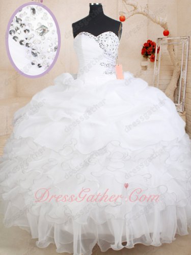 Exclusive Folds Bodice Silver Edging Ruffles Quinceaneara Ball Gown White