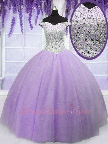 Off Shoulder Tulle and Satin Flat Puffy Skirt Elegant Quinceanera Ball Gown Lilac