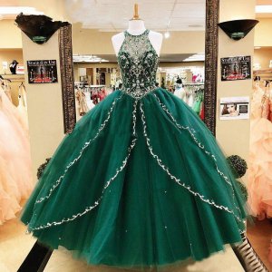 High Neckline Fully Sparkle Beading Emerald Green Ball Gown For Sweet 15 Event