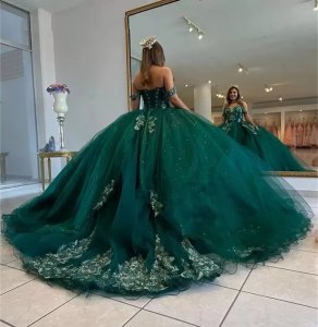 Sheer Nude Long Sleeves Emerald Green Quinceanera Dress For Sweet 15 Girl