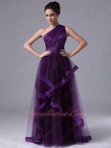 One Shoulder Dark Grape Purple Tulle Evening Dress Overlapping/Horsehair