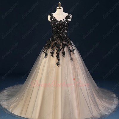 Exquisite Scoop Neck Black Appliques Champagne Tulle Puffy Skirt Celebrity Dress