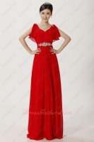 Crystals Sash Decorate Flouncing Sleeves Red Chiffon Emcee Evening Dress