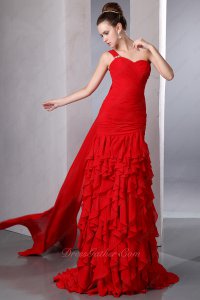 Cascade Fall Ruffles Red Social Evening Gowns One Shoulder Strap With Watteau