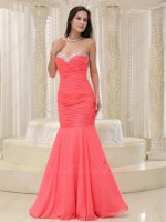 Watermelon Soft Chiffon Wrinkled Dropped Waist Mermaid Evening Party Dress Pretty