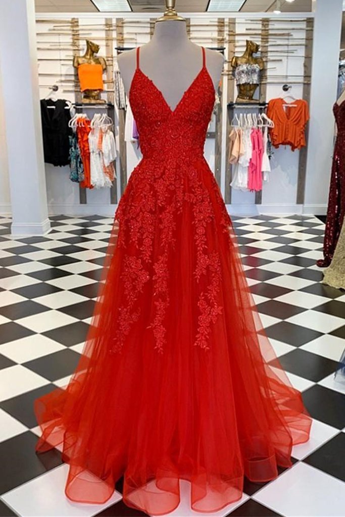 Sexy Spaghetti Straps V-Neck Appliques Red Tulle Evening Dress Horsehair Hemline - Click Image to Close