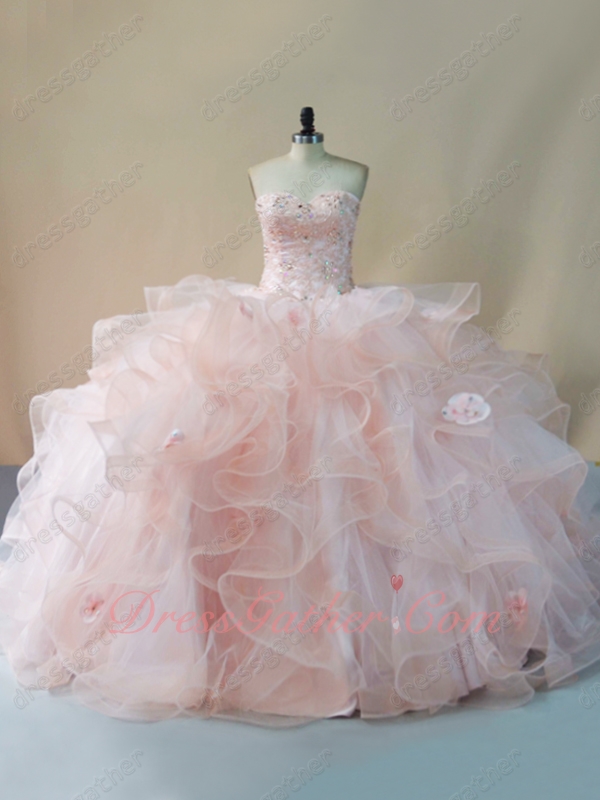 Horsehair Edging Tulle Wavy Waterfall Lovely Blush Pink Puffy Quinceanera Ball Gown - Click Image to Close