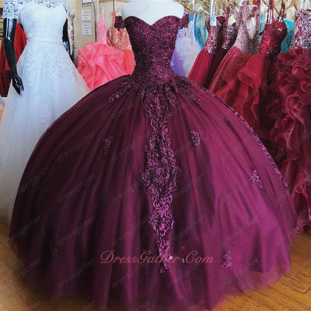 Vivacious Sweetheart Off Shoulder Burgundy Tulle Quinceanera Ball Gown Applique Detail - Click Image to Close
