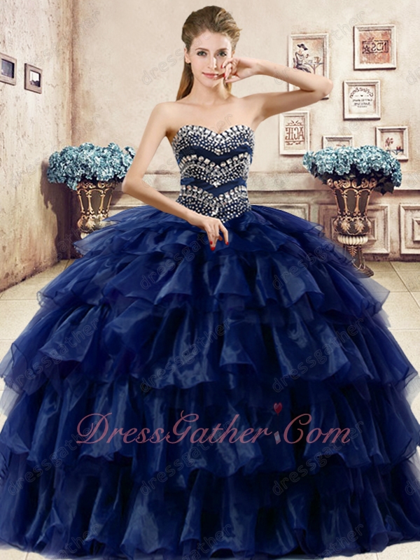 Navy Organza and Tulle Mixed Layers Cake Ball Gown For Quinceaneara Ceremony Party - Click Image to Close
