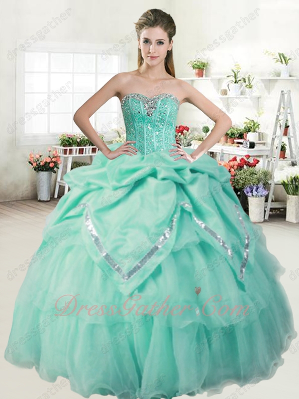 Apple Green Basque Quinceanera Gown Bubble With Sparkle Silver Sequin Edging Embellish - Click Image to Close