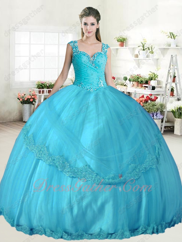 Discount Sweetheart Aqua Blue Tulle Lace Hemline Quinceanera Gown Double Wide Straps - Click Image to Close