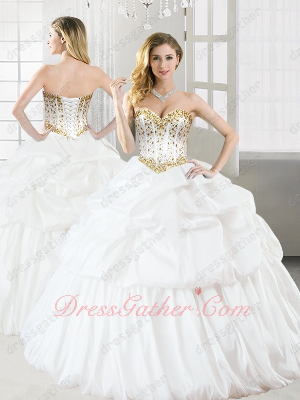 White Taffeta Bubble Layers Dancing Quinceanera Ball Gown Golden Beading Detail - Click Image to Close